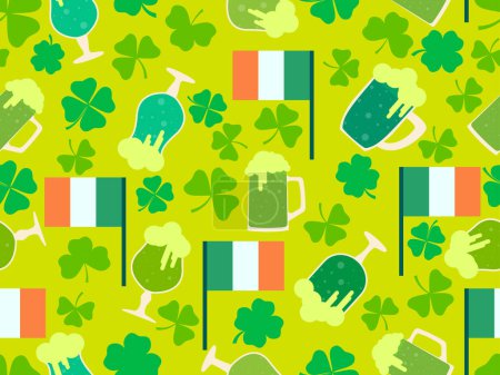 Illustration for Seamless pattern with clover leaves, Irish flag and glasses of beer for St. Patrick's Day. Glasses of green beer of different shapes. Design for wallpaper, banner and cover. Vector illustration - Royalty Free Image