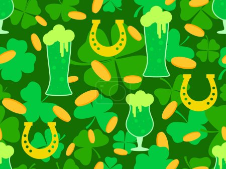 Illustration for Seamless pattern with glasses of beer, gold coins, horseshoes and clover leaves for St. Patrick's Day. Glasses of green beer of different shapes. Design for wallpaper and cover. Vector illustration - Royalty Free Image