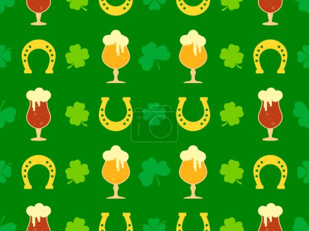 Illustration for Seamless pattern with clover leaves, glasses of beer and horseshoe for St. Patrick's Day. Glasses with light and dark beer on a stem with foam. Design for wallpaper and cover. Vector illustration - Royalty Free Image