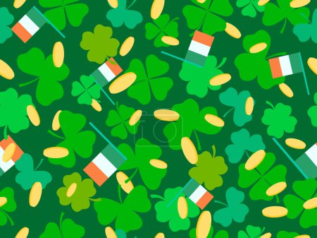 Illustration for Seamless pattern with green clover leaves, Irish flag and gold coins for St. Patrick's Day. Symbols of the Irish holiday. Design for wallpaper, banner and cover. Vector illustration - Royalty Free Image