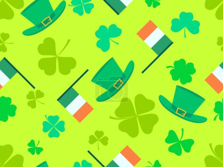 Illustration for Seamless pattern with Irish flag, clover leaves and leprechaun hat for St. Patrick's Day. Symbols of the Irish holiday. Festive design for wallpaper, banner and cover. Vector illustration - Royalty Free Image