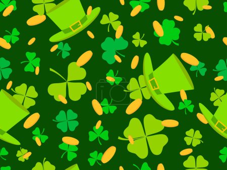 Illustration for Seamless pattern with gold coins, green clover leaves and leprechaun hat for St. Patrick's Day. Symbols of the Irish holiday. Festive design for wallpaper, banner and cover. Vector illustration - Royalty Free Image