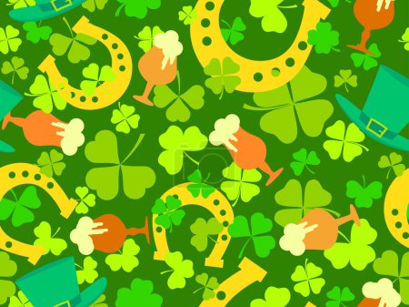 Illustration for Seamless pattern with clover leaves, glasses of beer, leprechaun hat and horseshoes for St. Patrick's Day. Mugs of beer with foam. Festive wallpaper, banner and cover design. Vector illustration - Royalty Free Image