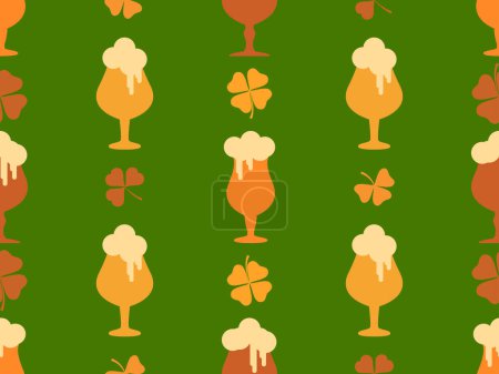 Illustration for Seamless pattern with clover leaves and glasses of beer for St. Patrick's Day. Glasses of beer on a stem with foam. Festive design for wallpaper, banner and cover. Vector illustration - Royalty Free Image