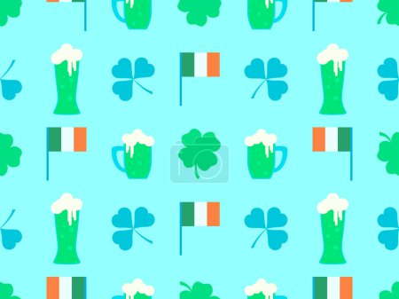 Illustration for Seamless pattern with clover leaves, Irish flag and glasses of beer for St. Patrick's Day. Glasses of green beer of different shapes. Design for wallpaper, banner and cover. Vector illustration - Royalty Free Image