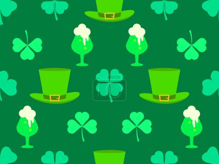 Illustration for Seamless pattern with clover leaves, glasses of beer and leprechaun hat for St. Patrick's Day. Green mugs of beer with foam. Festive design for wallpaper, banner and cover. Vector illustration - Royalty Free Image