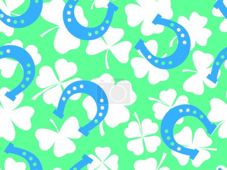 Illustration for Seamless pattern with white silhouettes of clovers and horseshoes for St. Patrick's Day. Irish holiday symbols: a horseshoe for good luck. Wallpaper, banner and cover design. Vector illustration - Royalty Free Image