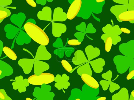 Illustration for Seamless pattern with green clover leaves and gold coins for St. Patrick's Day. Symbols of the Irish holiday. Festive design for wallpaper, banner and cover. Vector illustration - Royalty Free Image