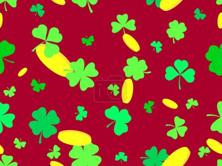 Illustration for Seamless pattern with green clover leaves and gold coins for St. Patrick's Day. Symbols of the Irish holiday. Festive design for wallpaper, banner and cover. Vector illustration - Royalty Free Image