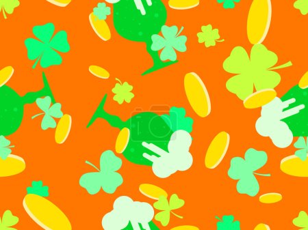 Illustration for Seamless pattern with glasses of green beer, clover leaves and gold coins for St. Patrick's Day. Glasses of beer on a stem with foam in a flat style. Design for banner and cover. Vector illustration - Royalty Free Image