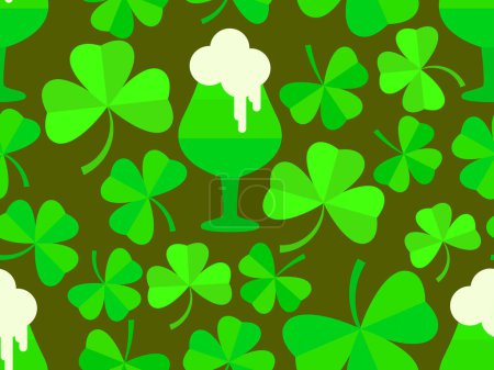 Illustration for Seamless pattern with clover leaves and glasses of beer for St. Patrick's Day. Green glasses of beer on a stem with foam. Festive design for wallpaper, banner and cover. Vector illustration - Royalty Free Image