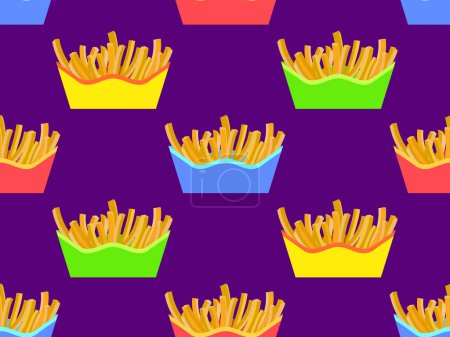 Illustration for Seamless pattern with French fries. Fast food, deep fried potatoes. Packaged fries, a delicious snack. Design for banners, posters and promotional products. Vector illustration - Royalty Free Image