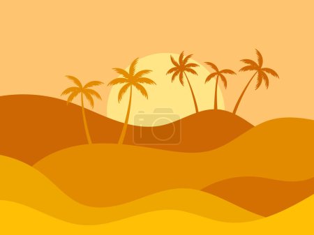 Téléchargez les illustrations : Paysage désertique avec palmiers et dunes de sable. Silhouettes de palmiers au lever du soleil dans le désert. Paysage ondulé avec dunes de sable. Conception pour impression, bannières et affiches. Illustration vectorielle - en licence libre de droit