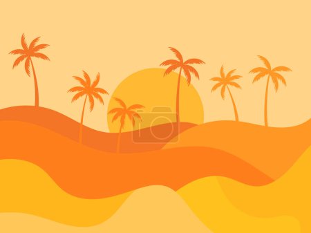 Téléchargez les illustrations : Paysage désertique avec palmiers et dunes de sable. Silhouettes de palmiers au lever du soleil dans le désert. Paysage ondulé avec dunes de sable. Conception pour impression, bannières et affiches. Illustration vectorielle - en licence libre de droit