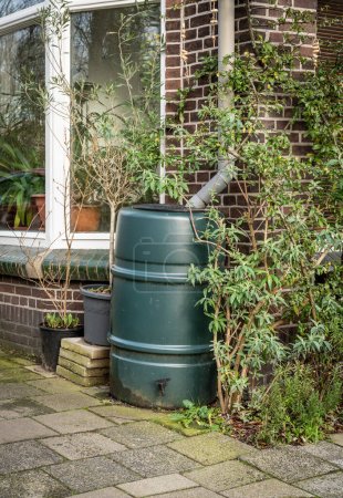 Rain barrel for rainwater harvesting surrounded by pot plants in front of dutch house