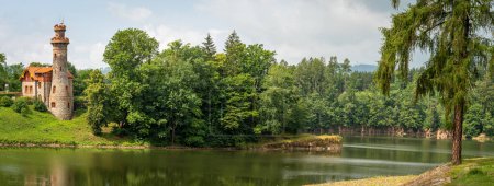 Photo for Panorama of Les Kralovstvi Dam with historical lookout tower located near Bila Tremesna, Czech Republic - Royalty Free Image