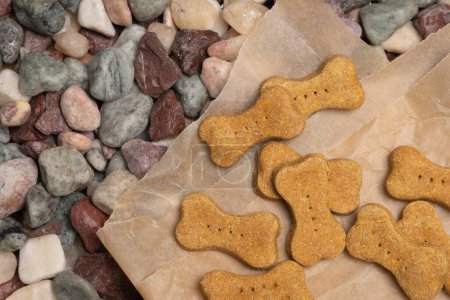 Foto de Homemade, healthy, hiking treats laid out on a pile of rocks for your puppy. - Imagen libre de derechos