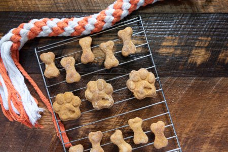 Frisch gebackene hausgemachte Hundesnacks kühlen auf einem Drahtgestell.