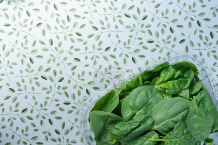 Photo for Clear, plastic container holding fresh spinach.  small, green leaf and white background. - Royalty Free Image