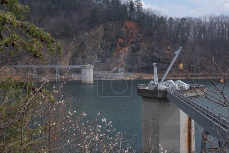 Hydroelectric facility intake gate tower at Watauga Dam from the Appalachian Trail.