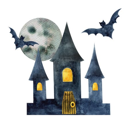 Téléchargez les photos : Illustration halloween aquarelle. Château de nuit aquarelle, lune et souris flitter. - en image libre de droit