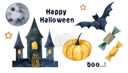Téléchargez les photos : Ensemble aquarelle halloween. Château, citrouille, lune, bonbons - en image libre de droit