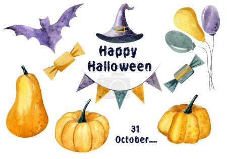 Téléchargez les photos : Ensemble aquarelle halloween. Citrouilles, ballons, bonbons et autres - en image libre de droit