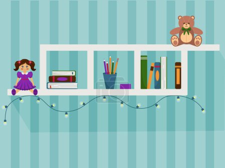 Vector children's bookshelf. Shelf with toys. Children's room element with books, doll and teddy bear.