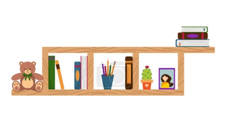 Vector children's bookshelf. Shelf with toys. Children's room element with books, cactus and teddy bear.