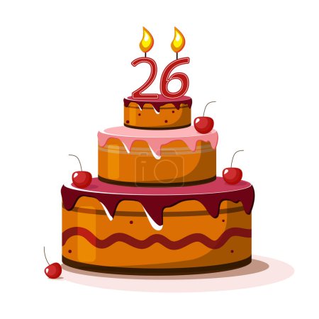 Twenty six year anniversary. Vector birthday cake. Holiday cake with candle.  Big chocolate cake. Twenty six  year old. Twenty six party. Big delicius cake.