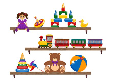 Vector children's bookshelf. Shelf with toys. Children's room element with ball, doll, teddy bear, piramid, little train.