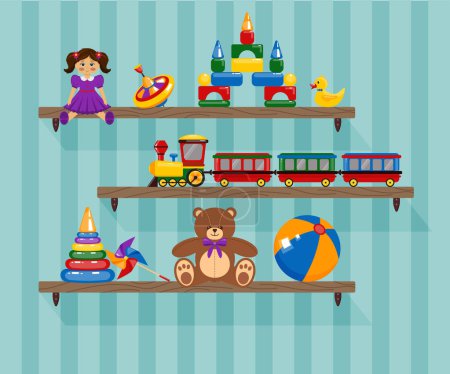 Vector children's bookshelf. Shelf with toys. Children's room element with ball, doll, teddy bear, piramid, little train.