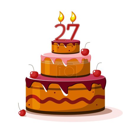 Vingt sept ans. Gâteau d'anniversaire vecteur. Gâteau de vacances avec bougie. Un gros gâteau au chocolat. 27 ans. Vingt-sept. Grand gâteau aux délices.