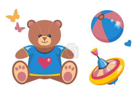 Vektor-Set von Spielzeug. Verschiedene bunte Spielsets. Kinderspielzeug Set vorhanden. Ein Bär im T-Shirt, Kreisel und Ball.