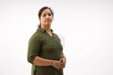 Photo for Portrait of an Indian woman,Standing pose showing different gesters, with white background ,isolated. - Royalty Free Image