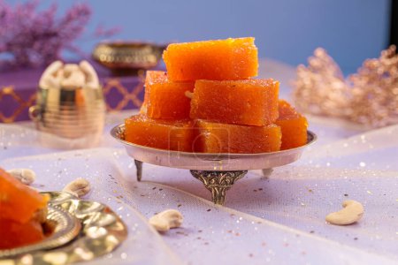 Indian-Kerala sweet dish-Halwa or Halva ,arranged in a festive background.