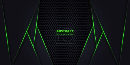 Illustration for Dark abstract vector background with hexagon carbon fiber. Technology background with honeycomb grid and green luminous lines. Futuristic luxury modern backdrop. - Royalty Free Image