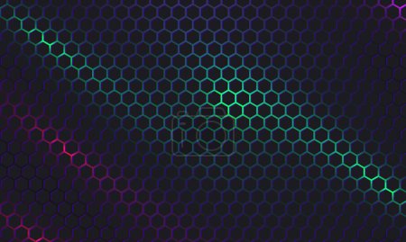Téléchargez les illustrations : Fond vectoriel abstrait de jeu hexagonal foncé avec des flashs lumineux de couleur verte et rouge. Illustration vectorielle - en licence libre de droit