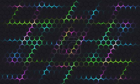 Téléchargez les illustrations : Dark gaming hexagone fond abstrait avec bleu, rose et vert flashs lumineux de couleur. Illustration vectorielle - en licence libre de droit