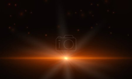 Dark abstract cosmic background with light flare and bright rays of light. Vector illustration with bright orange and yellow flashes and highlights.