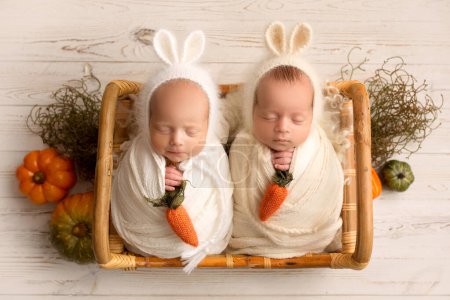 Photo for Tiny newborn twins boys in white cocoons in a wooden basket against a light wood background. A newborn twin boy sleeps next to his brother. Bunny hats with ears and orange carrots. High quality photo - Royalty Free Image
