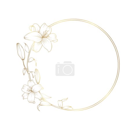 Illustration for Hand drawn golden lily flower double round wreath in cute doodle style. Luxury elegant vector illustration for wedding invitations, birthday, quotes, thank you card, cosmetics. Copy space for text. - Royalty Free Image