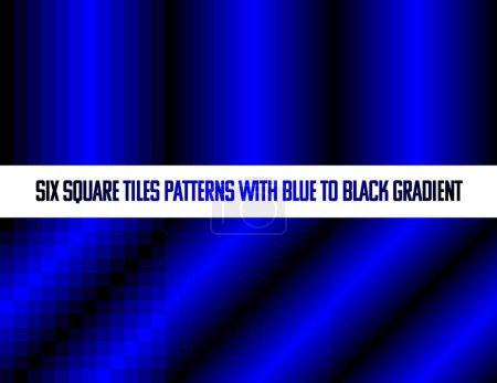 Azul a negro en baldosas cuadradas, patrón vectorial sin costuras, monocromático, colección de seis, para web, fondo, cartel, pancarta