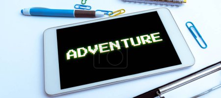 Photo for Text showing inspiration Adventure, Business idea action of calling attention of the public by paid announcements Mobile Phone Screen With Important Message On Desk With Coffee And Keyboard - Royalty Free Image