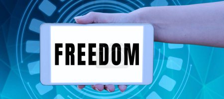 Photo for Writing displaying text Freedom, Internet Concept power or right to act speak or think as one wants without hindrance Tablet With Important Message Over Clipboard, Notebook And Marker. - Royalty Free Image