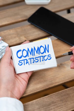 Photo for Writing displaying text Common Statistics, Conceptual photo deals with collection analysis etc of numerical data Businesswoman Holding Pen And Notepad With Important Message. - Royalty Free Image
