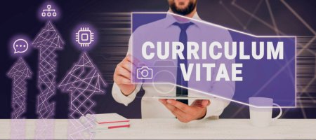 Photo for Inspiration showing sign Curriculum Vitae, Word Written on customers experiencesgo through interacting with brand Man With A Tablet And Pen Pointing On Important Information And New Ideas. - Royalty Free Image