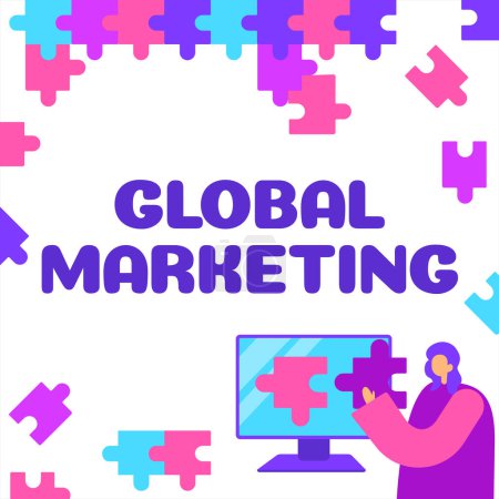Photo for Text sign showing Global Marketing, Word for motivating showing to act towards achieving a common goal Lady Holding Puzzle Piece Representing Innovative Problem Solving Ideas. - Royalty Free Image