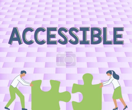 Photo for Inspiration showing sign Accessible, Word Written on degree of conformity of a measure to a standard or a true value Colleagues Conencting Two Pieces Jigsaw Puzzle Together Showing Teamwork. - Royalty Free Image