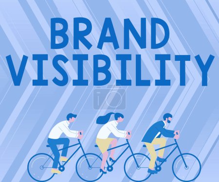 Photo for Writing displaying text Brand Visibility, Business overview dividing the cost of something into the different parts Three Colleagues Riding Bicycle Representing Successful Teamwork. - Royalty Free Image